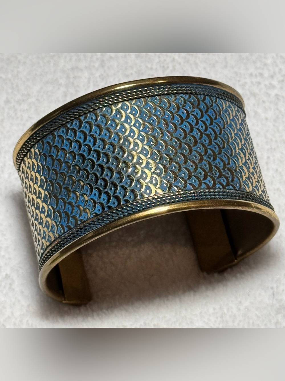 Vintage Art Deco Brass with Blue Scalloped Fish Scale Pattern Wide Cuff Bracelet